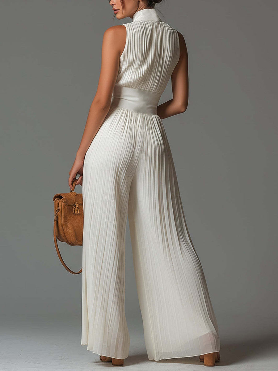 High-Waist V-Neck Pleated Zip Jumpsuit