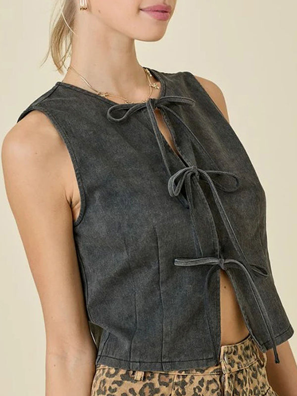 Lace Round-Neck Sleeveless Relaxed Vest