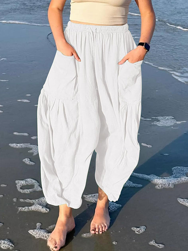 High-Waist Pleated Drawstring Pocket Pants