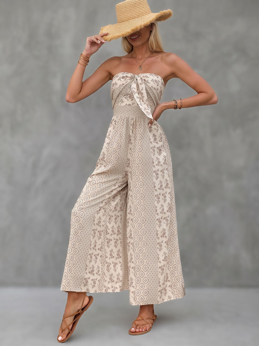 Printed High-Waist Pleated Open-Back Jumpsuit