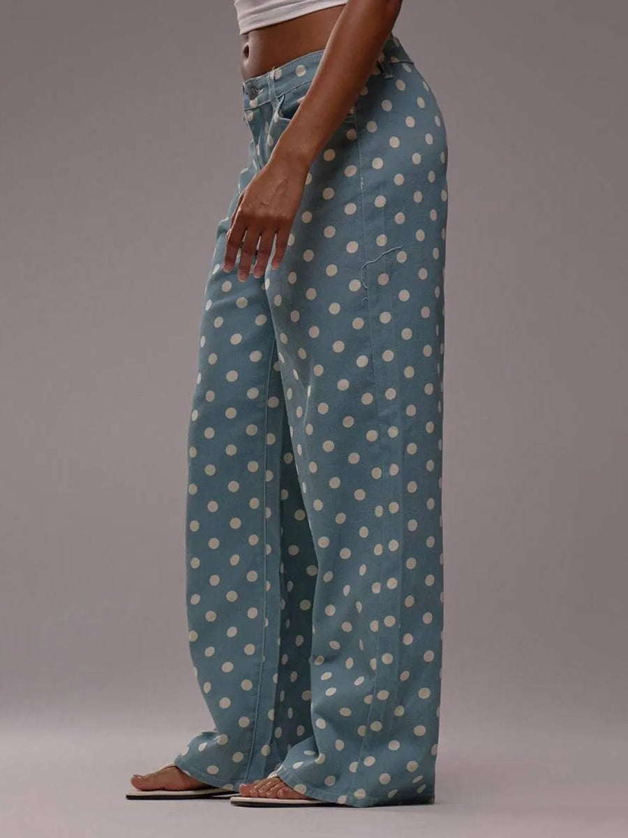 Polka Dot Wide-Leg High-Waist Button-Detail Belt