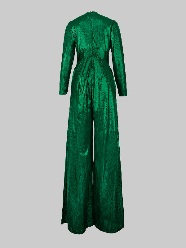 High-Waist V-Neck Three-Quarter Sleeve Jumpsuit