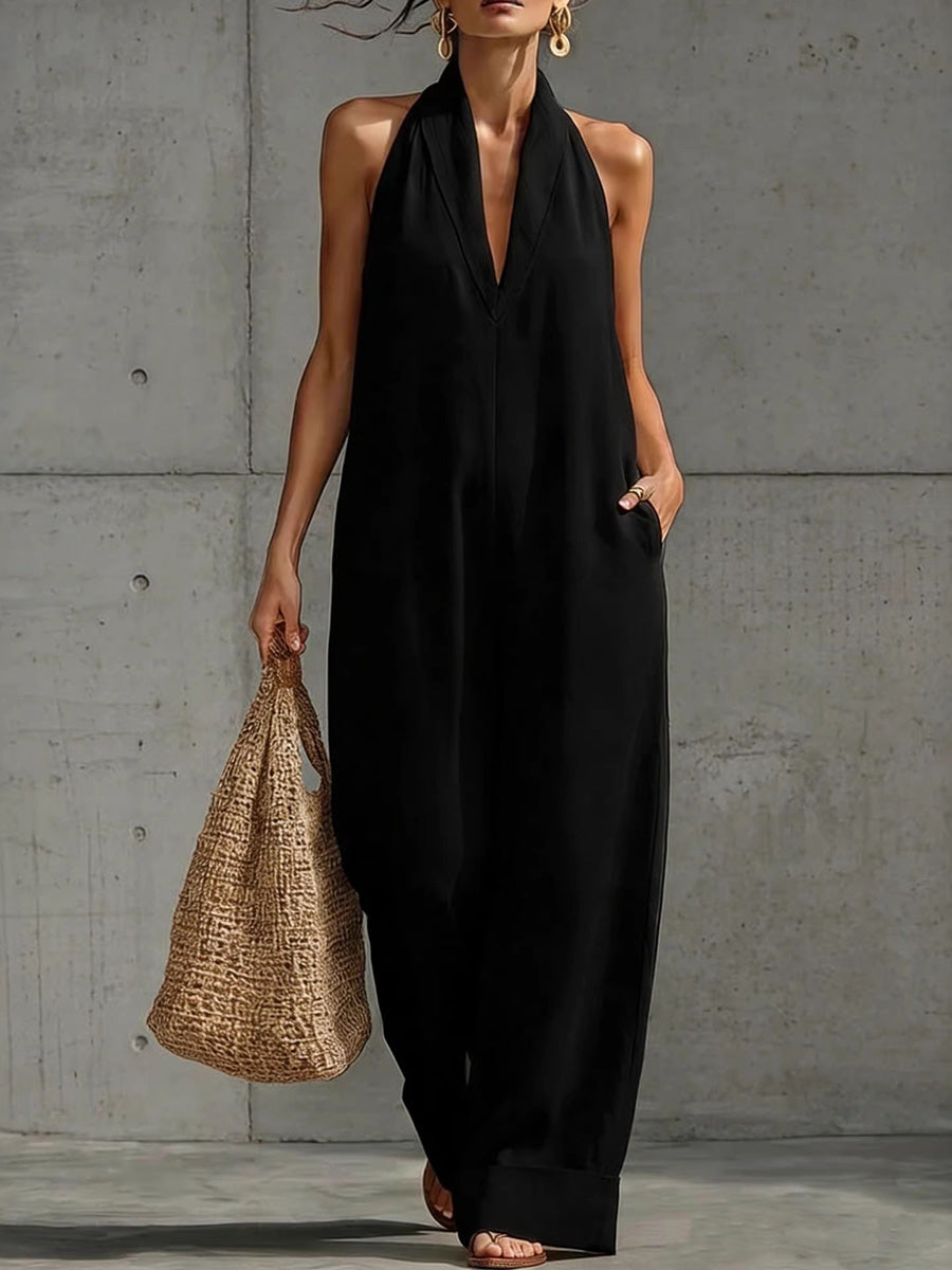 High-Waist V-Neck Pocket Sleeveless Jumpsuit