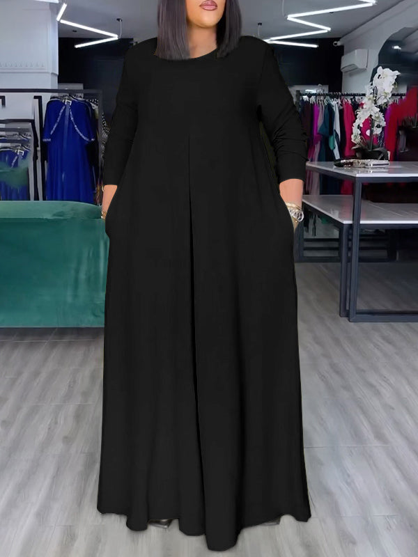 Wide-Leg Round-Neck Pocket Relaxed Jumpsuit