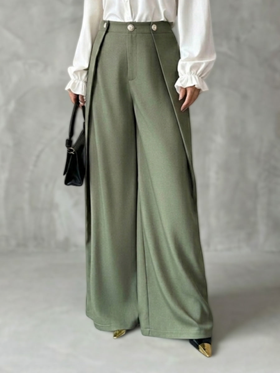 Wide-Leg High-Waist Button-Detail Pants