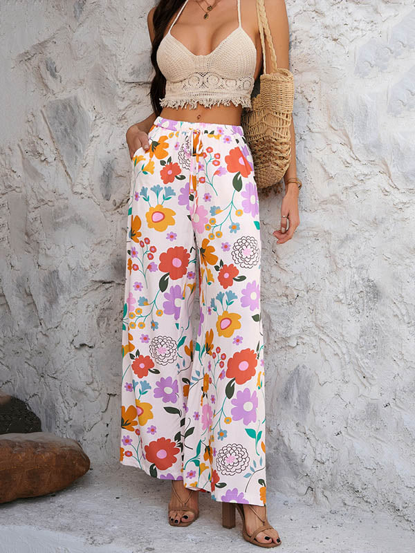 Floral High-Waist Drawstring Pocket Pants
