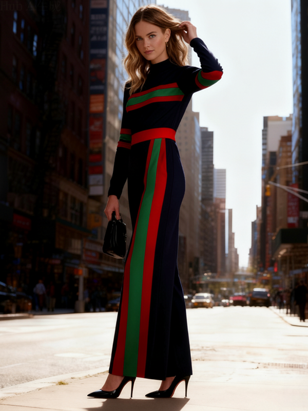 Striped Pocket Long-Sleeve Contrast Jumpsuit