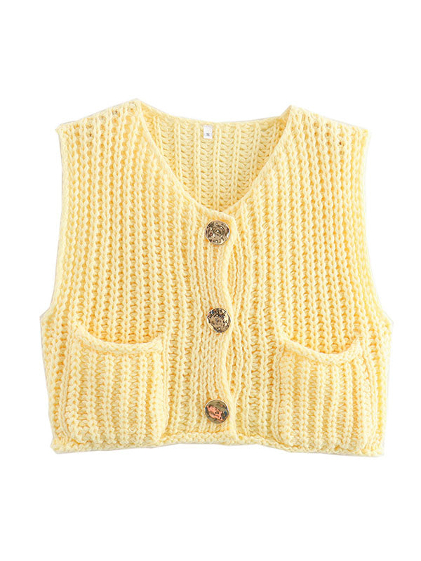 V-Neck Button-Detail Pocket Sleeveless Vest