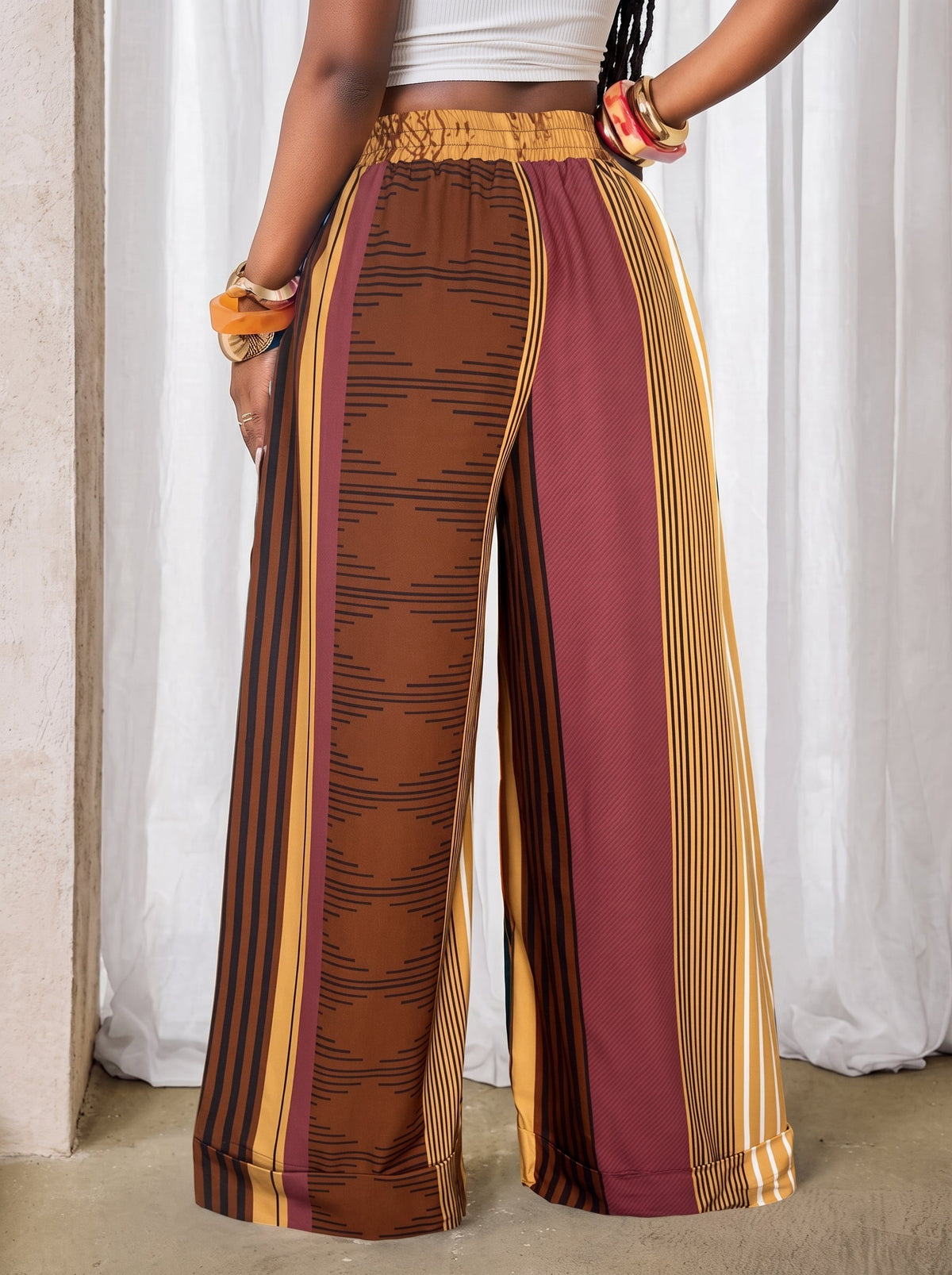 Printed Wide-Leg Drawstring Pocket Pants