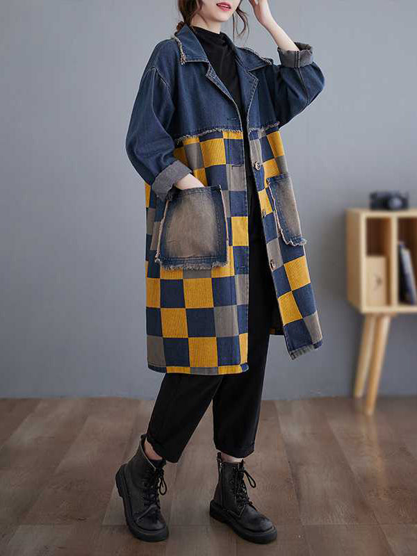 Checked Denim Notch-Collar Fringe Jacket