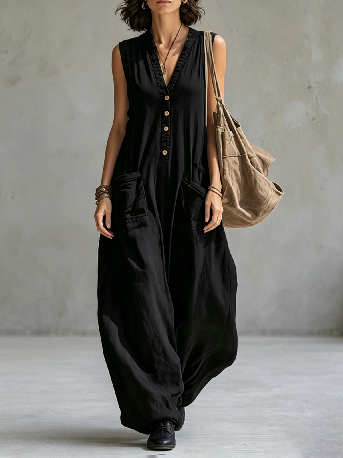 Wide-Leg V-Neck Button-Detail Pocket Jumpsuit