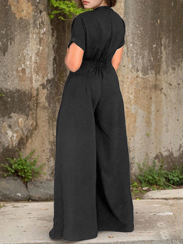 Wide-Leg Round-Neck Pleated Zip Jumpsuit