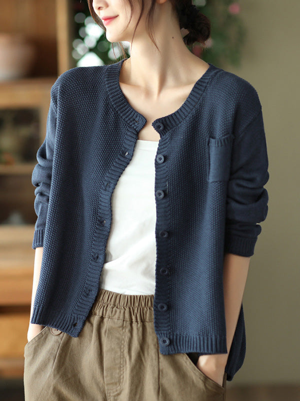 Round-Neck Button-Detail Long-Sleeve Relaxed Cardigan