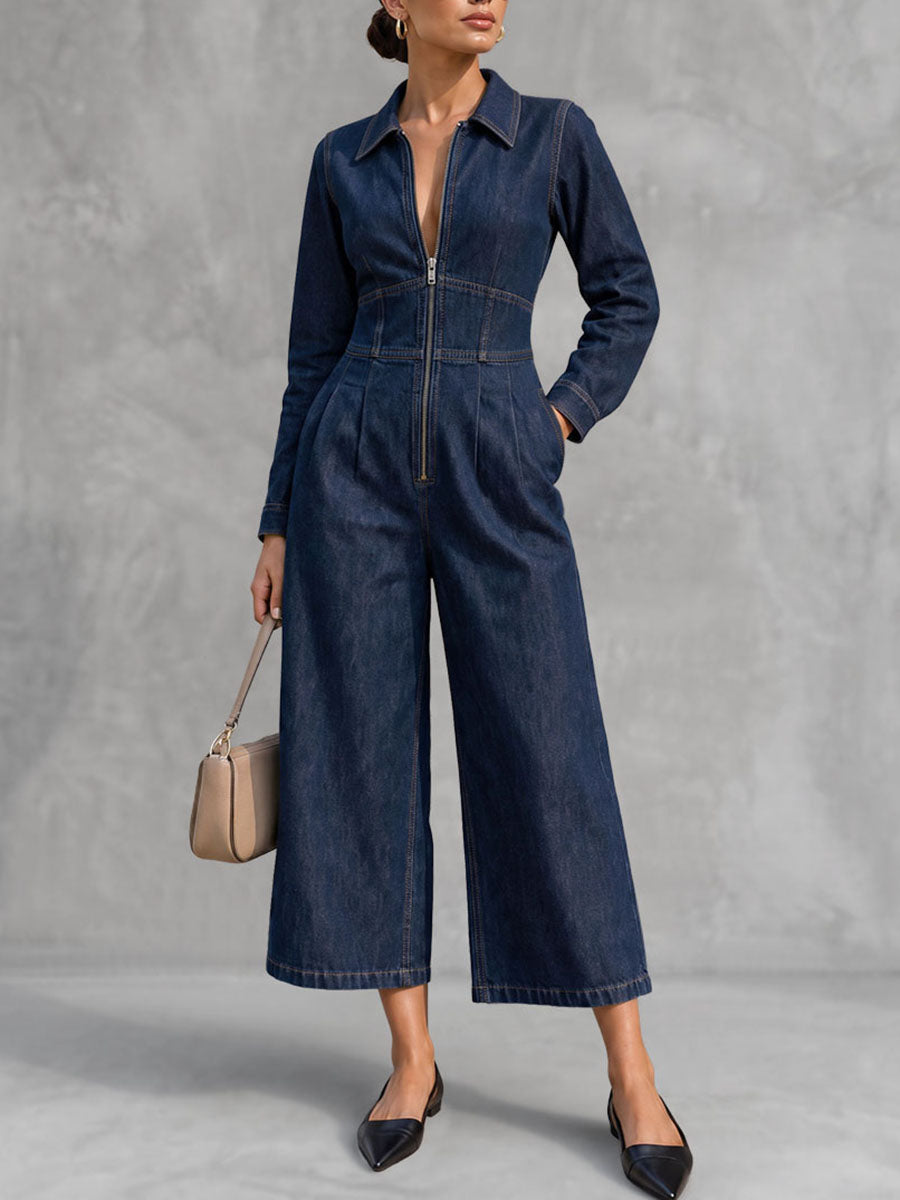 Wide-Leg Zip Pocket Long-Sleeve Jumpsuit