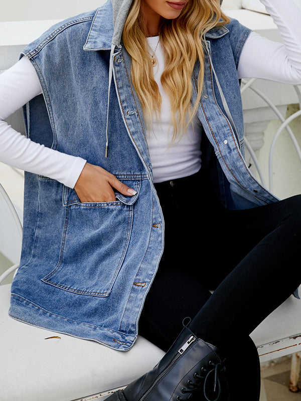 Hooded Button-Detail Pocket Sleeveless Vest
