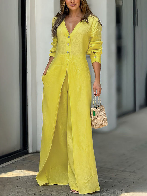 High-Waist V-Neck Button-Detail Pocket Jumpsuit