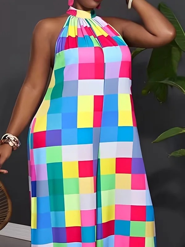 Checked Halter-Neck Pleated Sleeveless Jumpsuit