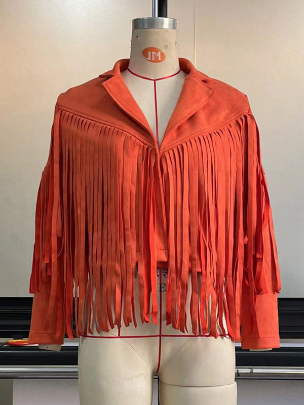 Notch-Collar Fringe Long-Sleeve Jacket