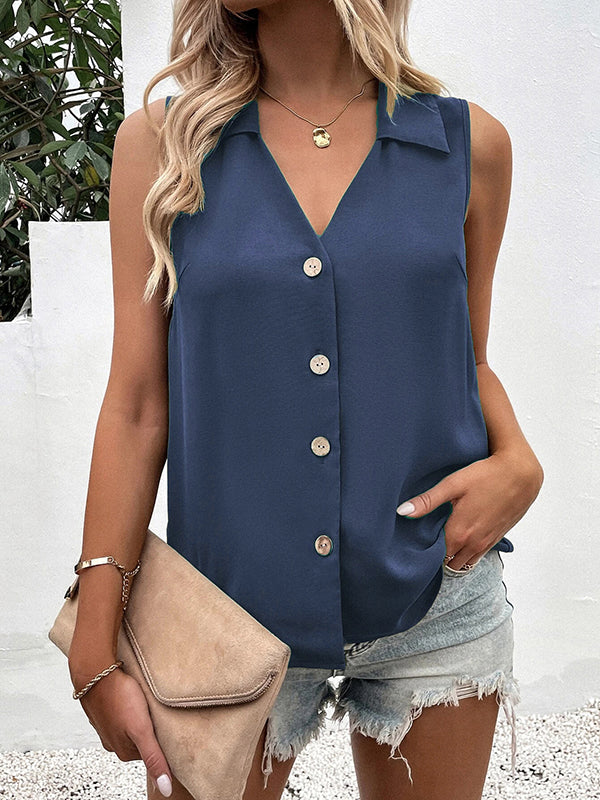 V-Neck Button-Detail Sleeveless Relaxed Vest