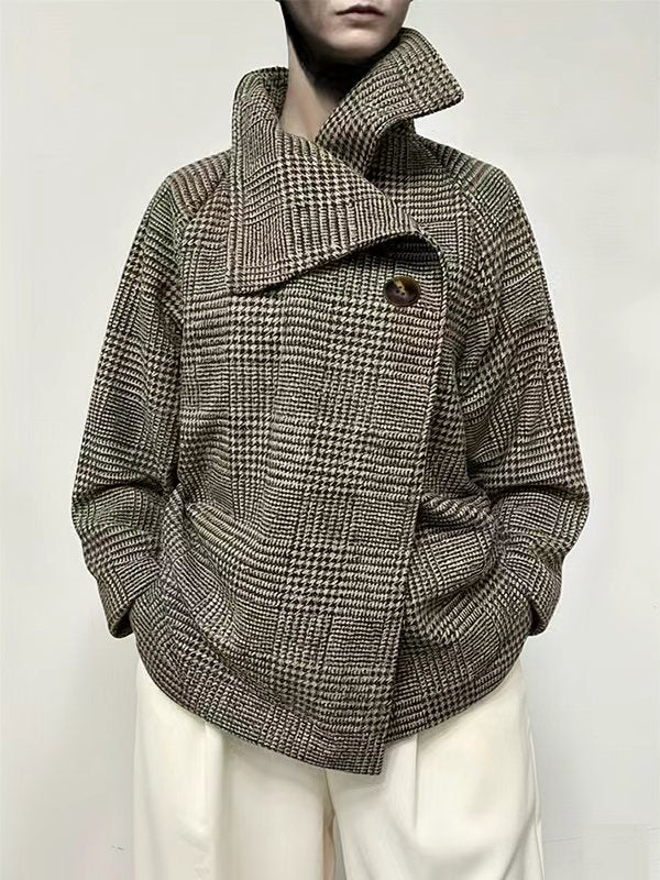 Houndstooth Checked Stand-Collar Asymmetric Jacket