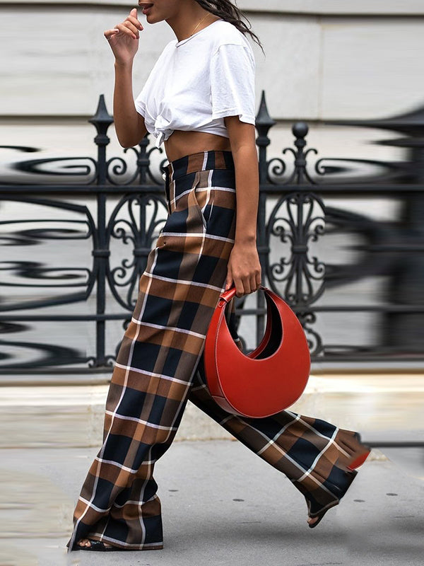 Checked Wide-Leg High-Waist Pants