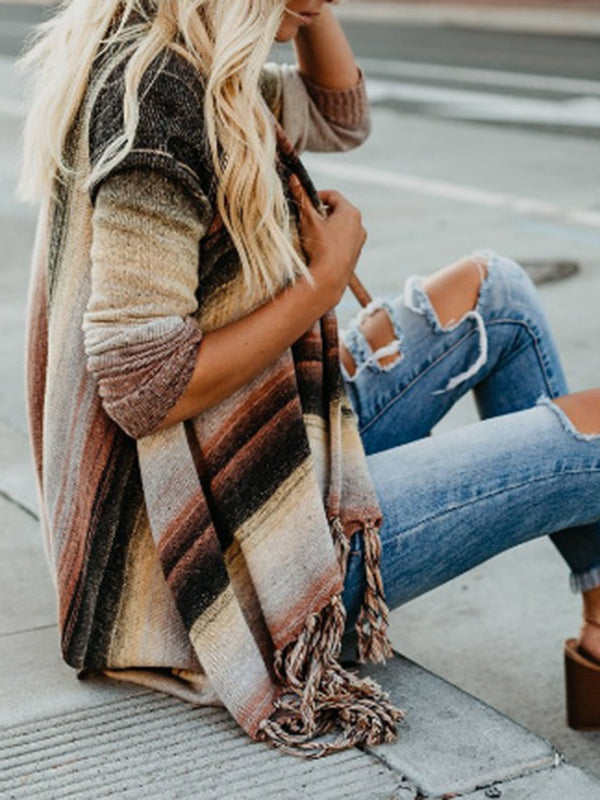 Striped Fringe Button-Detail Long-Sleeve Cardigan