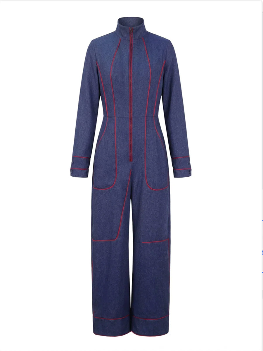Wide-Leg Stand-Collar Zip Long-Sleeve Jumpsuit