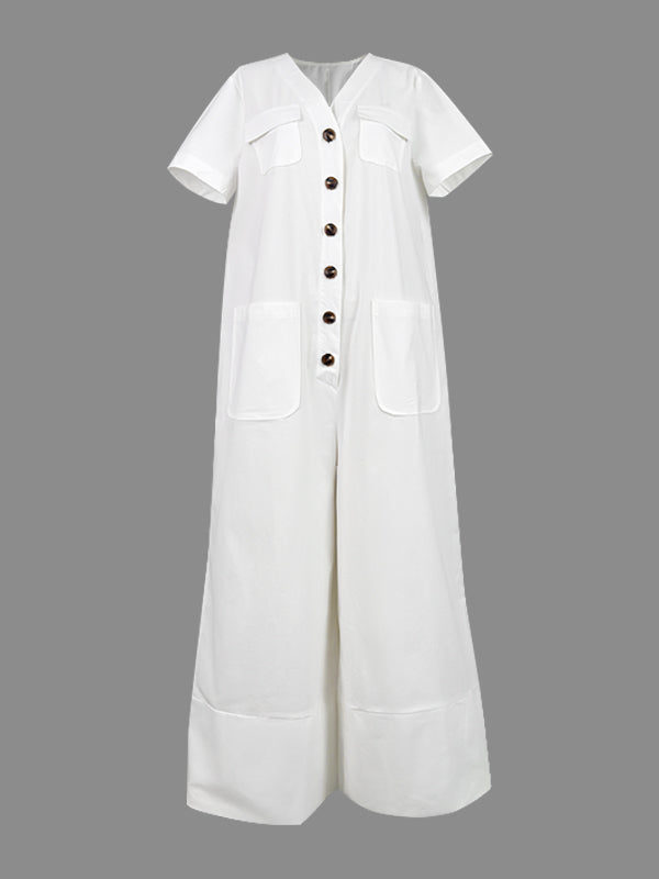 V-Neck Button-Detail Pocket Short-Sleeve Jumpsuit