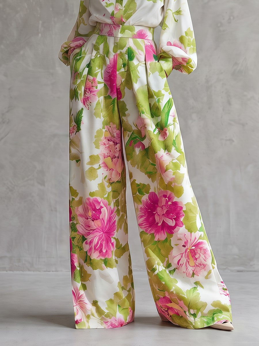 Floral Wide-Leg Pleated Pocket Pants
