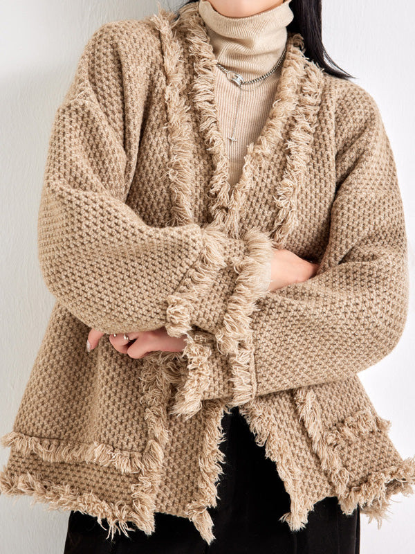 V-Neck Fringe Button-Detail Long-Sleeve Cardigan