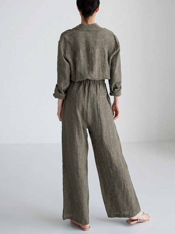 Linen Wide-Leg Drawstring Long-Sleeve Jumpsuit