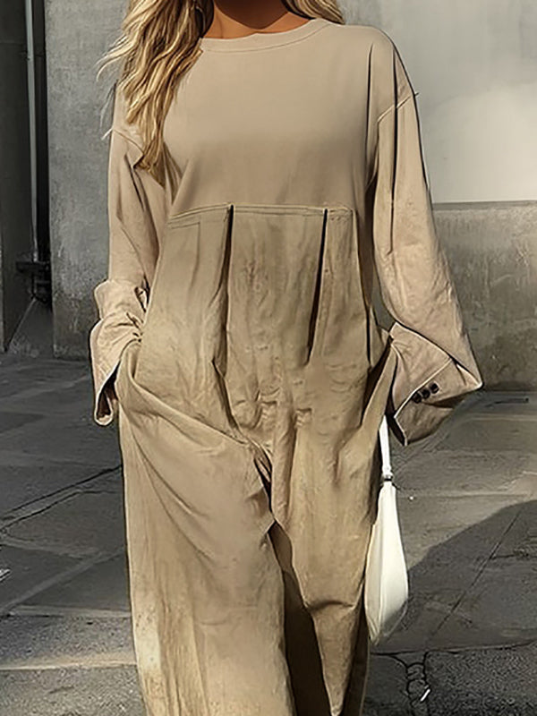 Round-Neck Pleated Pocket Long-Sleeve Jumpsuit