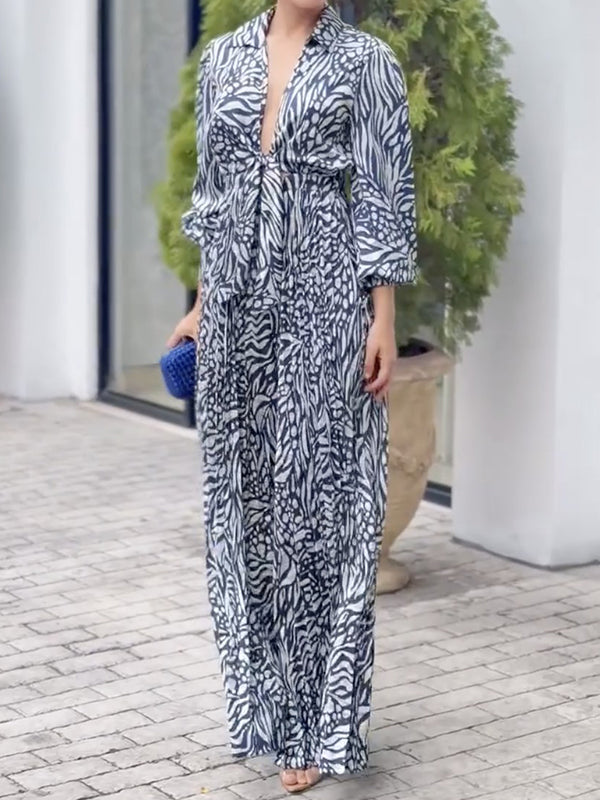 Printed V-Neck Pleated Relaxed Jumpsuit