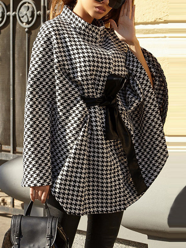 Houndstooth Stand-Collar Batwing Long-Sleeve Jacket