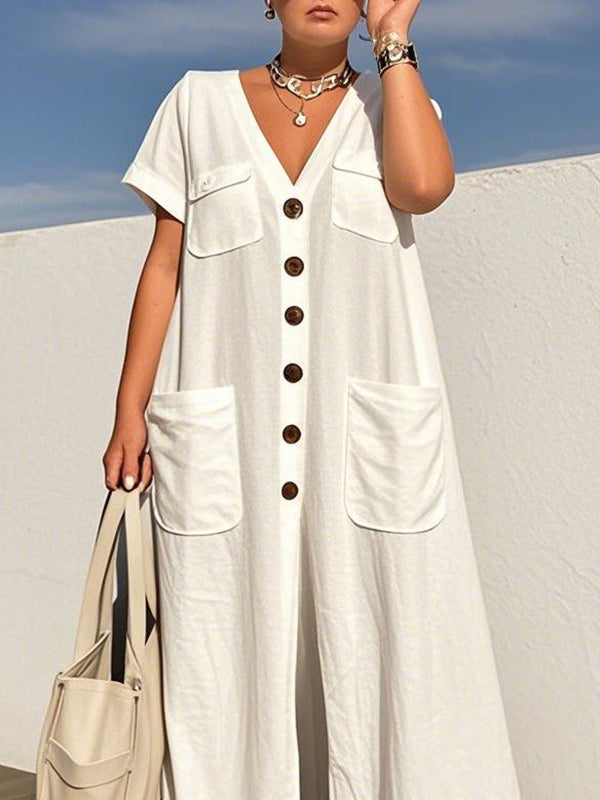V-Neck Button-Detail Pocket Short-Sleeve Jumpsuit