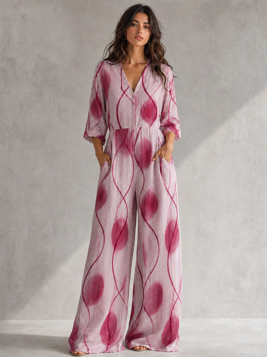 Wide-Leg V-Neck Button-Detail Pocket Jumpsuit
