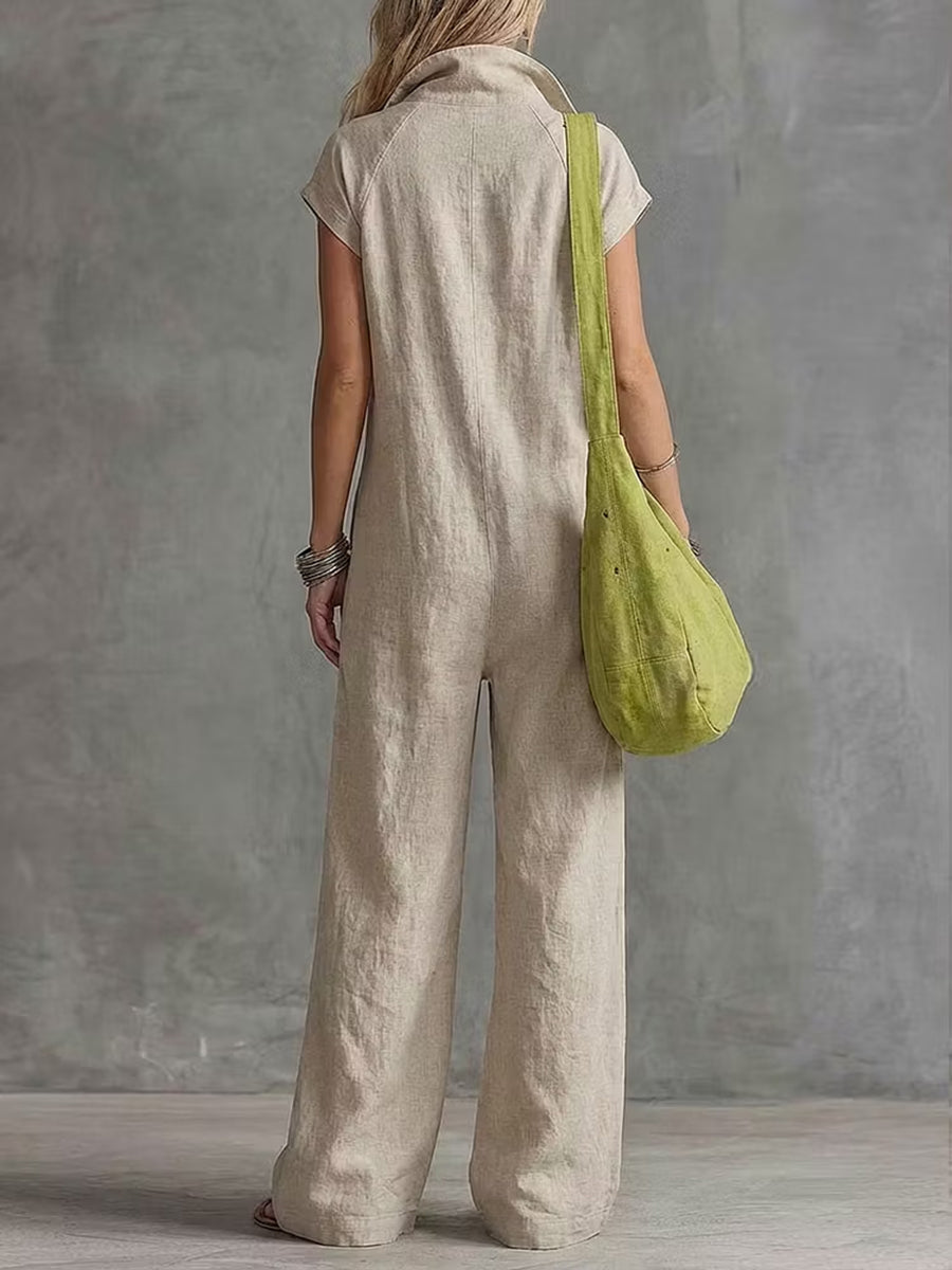 Wide-Leg Stand-Collar Zip Pocket Jumpsuit