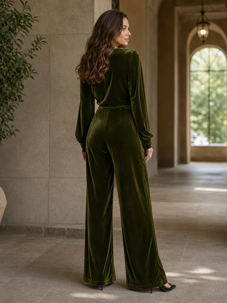 Velvet High-Waist Pocket Long-Sleeve Jumpsuit