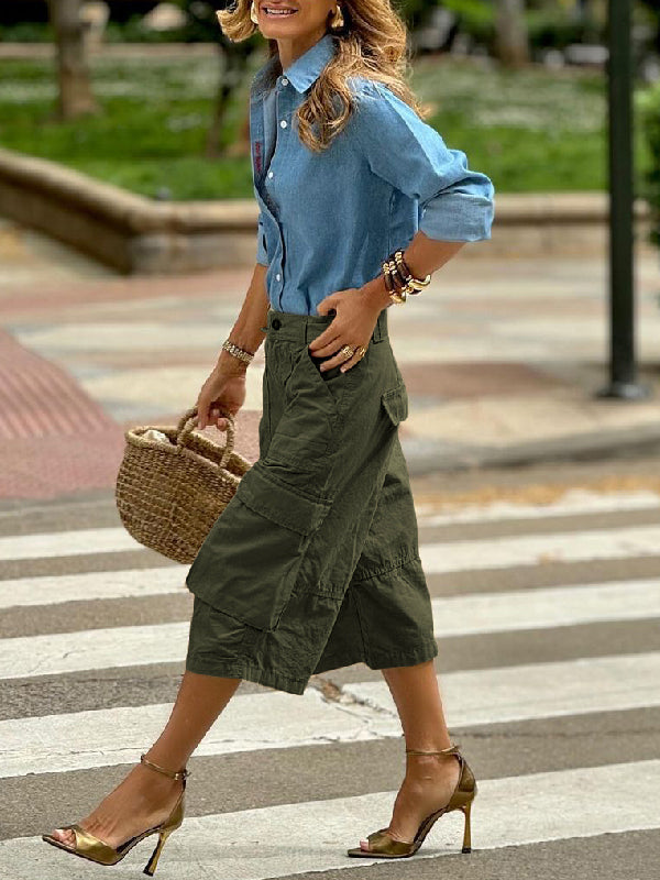 Wide-Leg Cropped Button-Detail Pocket Pants