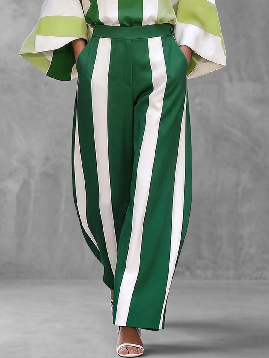 Striped Wide-Leg Pocket Elastic Pants