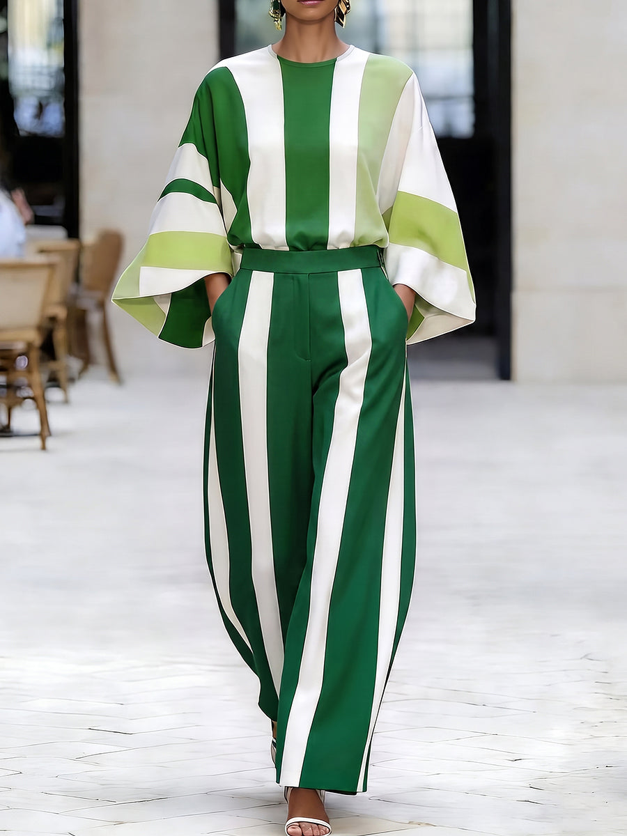 Striped Wide-Leg Pocket Elastic Pants