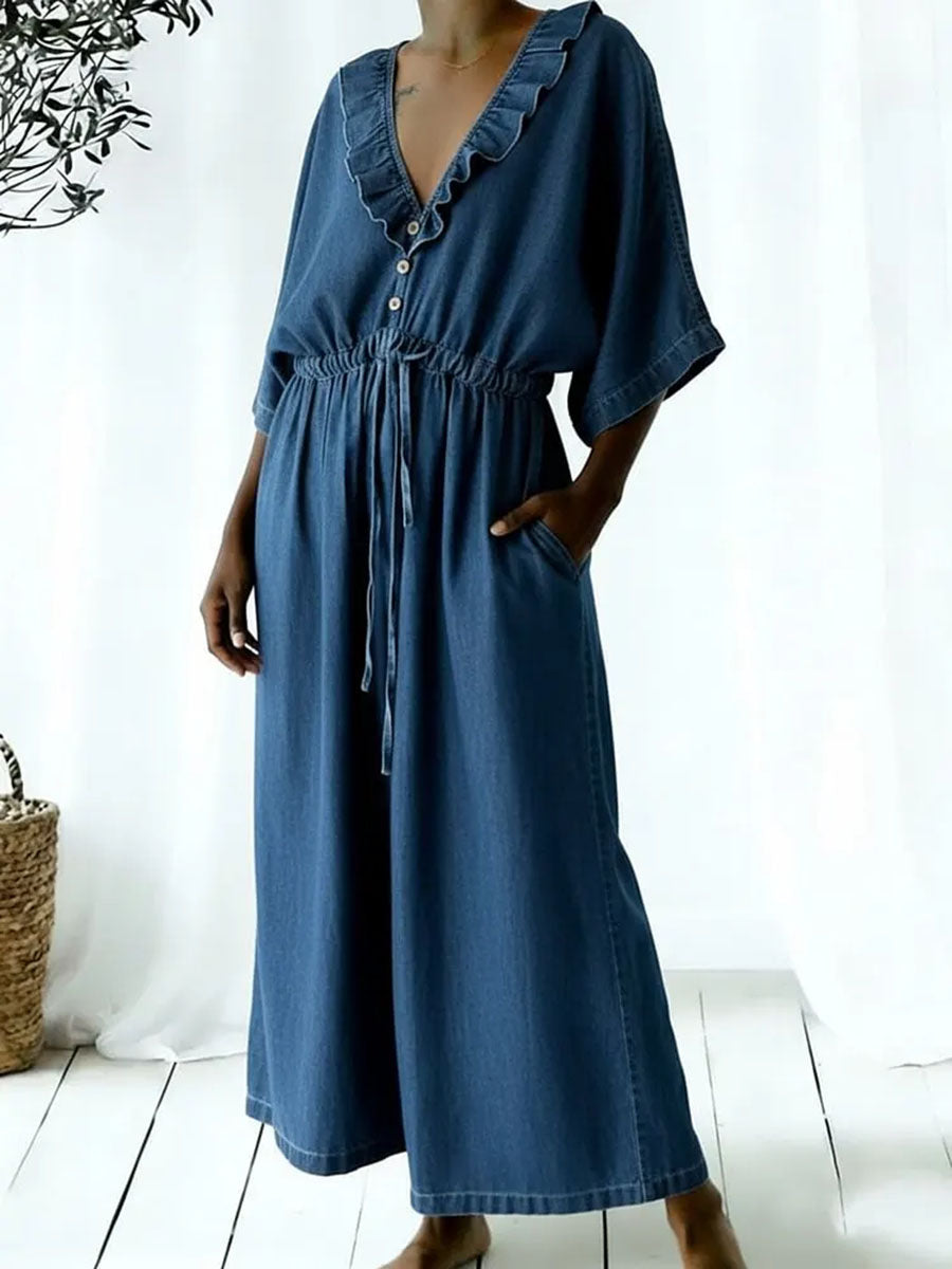 Wide-Leg V-Neck Ruffle Drawstring Jumpsuit