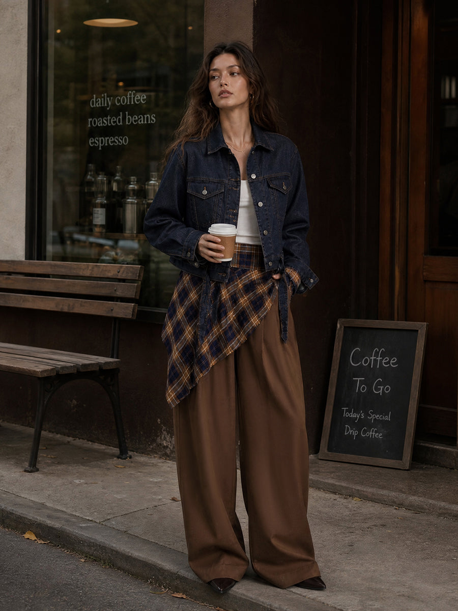 Checked Wide-Leg High-Waist Pocket Pants