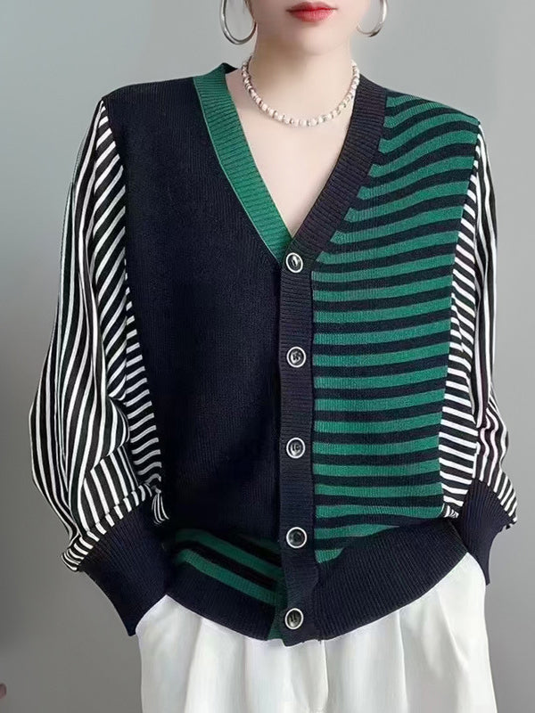 Striped Knit V-Neck Button-Detail Cardigan