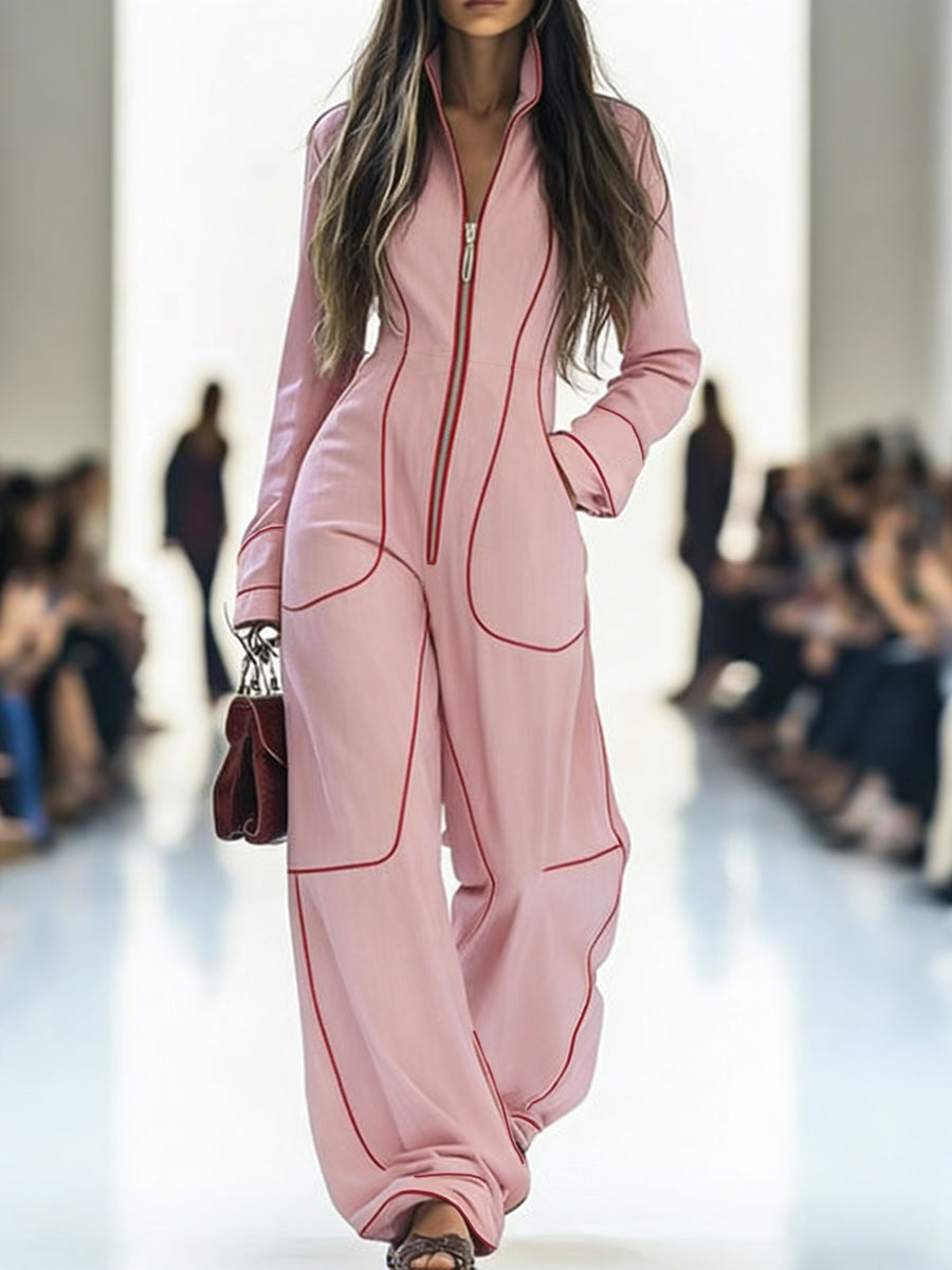 Wide-Leg Stand-Collar Zip Long-Sleeve Jumpsuit