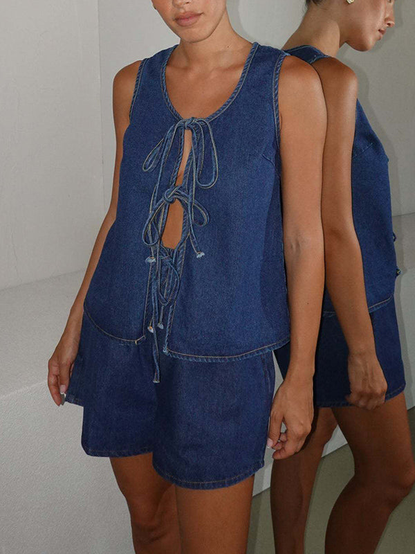 Lace Round-Neck Sleeveless Relaxed Vest