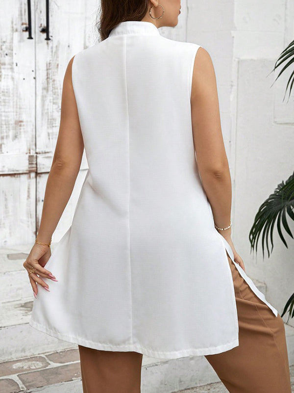 Stand-Collar A-Line Button-Detail Side-Split Vest