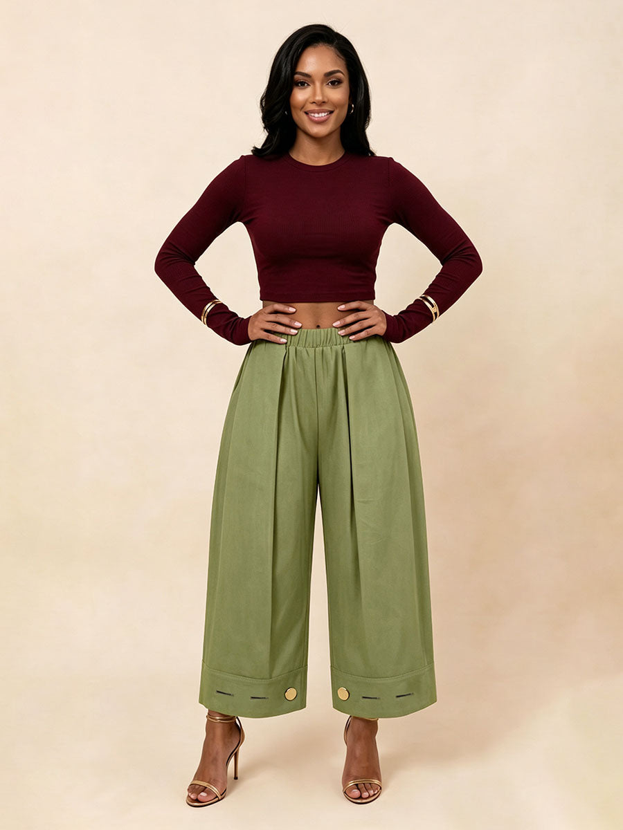 Wide-Leg Pleated Button-Detail Pocket Pants