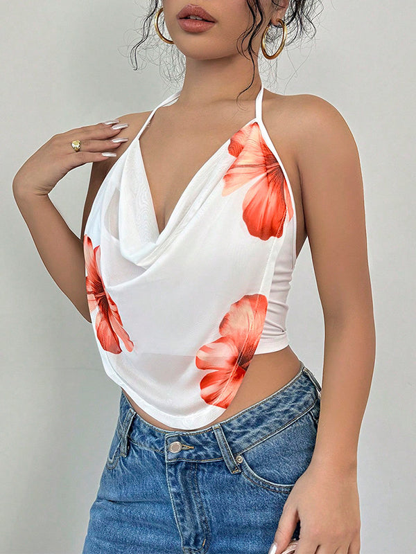 Floral Halter-Neck Sleeveless Vest