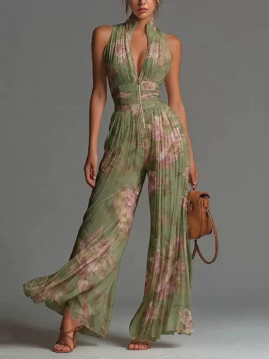 Floral High-Waist V-Neck Pleated Jumpsuit